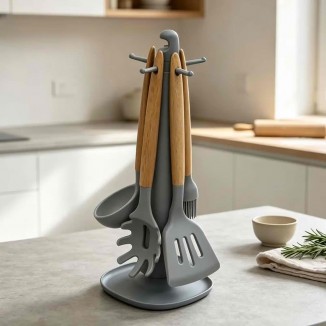 Комплект кухненски прибори с поставка Wood & Grey 6 части